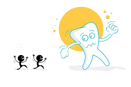 Sad Tooth in Cartoon Style Chased by Bacteria
